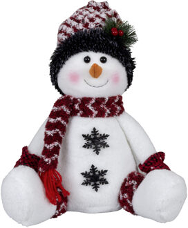 Pluche decoratie sneeuwpop - 36 cm - met witte muts - zittend Rood