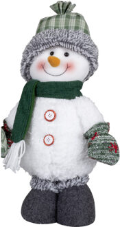 Pluche decoratie sneeuwpop - 40 cm - pop - met geruite muts - Kerstman pop Wit