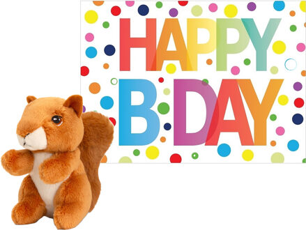 Pluche dieren knuffel eekhoorn 12 cm met Happy Birthday wenskaart - Knuffeldier Multikleur