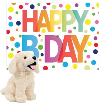 Pluche dieren knuffel labrador hond 20 cm met Happy Birthday wenskaart - Knuffel huisdieren Beige