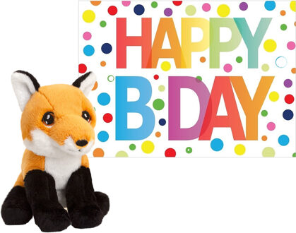 Pluche dieren knuffel rode vos 12 cm met Happy Birthday wenskaart - Knuffeldier Multikleur