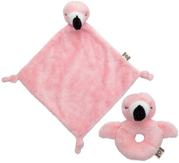 Pluche dieren setje - roze flamingo knuffel rammelaar van 15 cm - en tutteldoekje 40cm