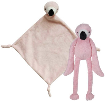 Pluche dieren setje Roze flamingo knuffel van 33 cm en tutteldoekje 40 cm - Knuffeldier Multikleur