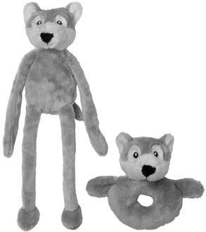Pluche dieren setje wolf - knuffel rammelaar van 15 cm - en fluffy dier 33 cm
