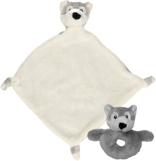 Pluche dieren setje wolf - knuffel rammelaar van 15 cm - en tutteldoekje 40 cm