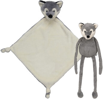 Pluche dieren setje Wolf knuffel van 33 cm en tutteldoekje 40 cm - Knuffeldier Multikleur