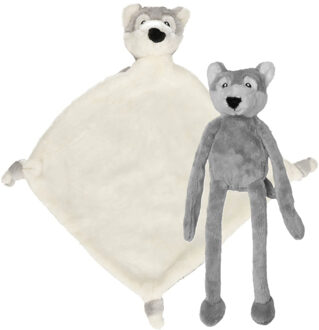 Pluche dieren setje Wolf knuffel van 33 cm en tutteldoekje 40 cm
