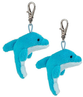 pluche Dolfijn knuffel sleutelhanger - 2x - blauw - 6 cm - zeedier knuffel