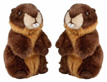 Pluche familie bever knuffels - 2x - bruin - 18 cm - Bevers knaagdieren knuffels
