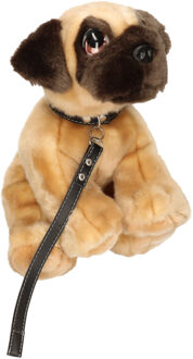 pluche hond bruine Mopshond / Pug met riem knuffel 30cm - Knuffel huisdieren