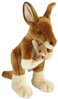 Pluche kangoeroe met baby knuffeldier - 28 cm - bruin - Kangoeroes knuffels - Knuffeldier