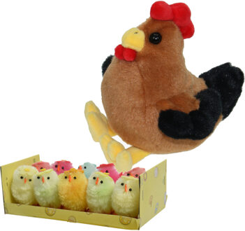 Pluche kip knuffel - 15 cm - multi kleuren - met 10x kuikens 5 cm - kippen familie - Vogel knuffels Multikleur