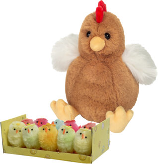 Pluche kip knuffel - 18 cm - multi kleuren - met 10x kuikens 5 cm - kippen familie - Vogel knuffels Multikleur