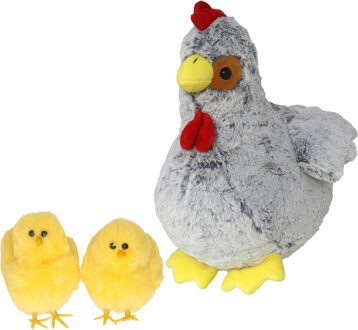 Pluche kip knuffel - 20 cm - grijs - met 2x gele kuikens 7 cm - kippen familie - Vogel knuffels Multikleur