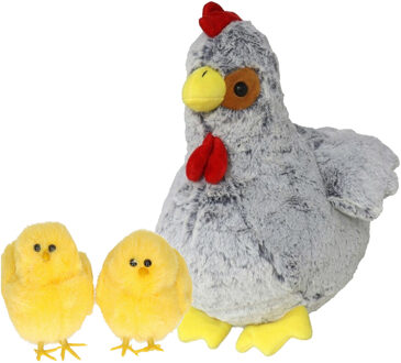 Pluche kip knuffel - 20 cm - grijs - met 4x gele kuikens 7 cm - kippen familie - Vogel knuffels Multikleur