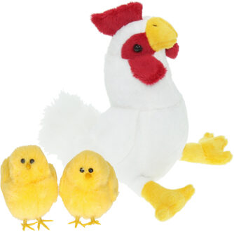 Pluche kip knuffel - 20 cm - multi kleuren - met 2x gele kuikens 7 cm - kippen familie - Vogel knuffels Multikleur