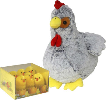 Pluche kip knuffel - 20 cm - multi kleuren - met 6x gele kuikens van 5 cm - kippen familie - Vogel knuffels Multikleur