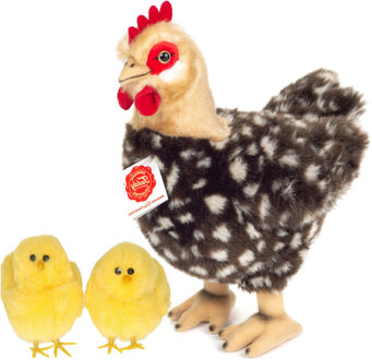 Pluche kip knuffel - 24 cm - multi kleuren - met 2x gele kuikens 7 cm - kippen familie