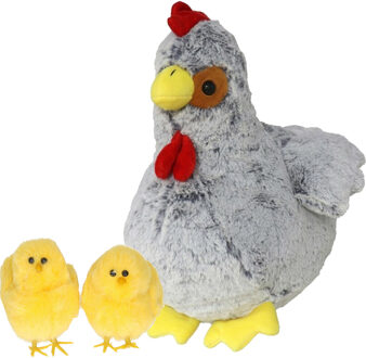 Pluche kip knuffel - 30 cm - grijs - met 2x gele kuikens 7 cm - kippen familie - Vogel knuffels Multikleur