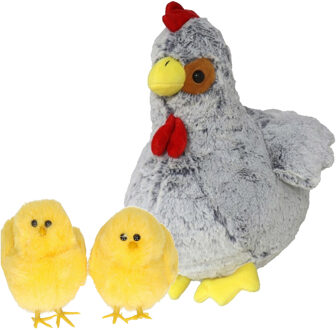 Pluche kip knuffel - 30 cm - grijs - met 2x gele kuikens 9 cm - kippen familie - Vogel knuffels Multikleur