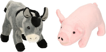 Pluche knuffel boerderijdieren set Ezel en Varken van 21 cm - Knuffel boederijdieren Multikleur