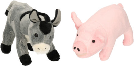 Pluche knuffel boerderijdieren set Ezel en Varken van 21 cm