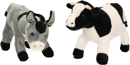 Pluche knuffel boerderijdieren set - Koe en Ezel - 20 cm - Zachte kinder knuffels