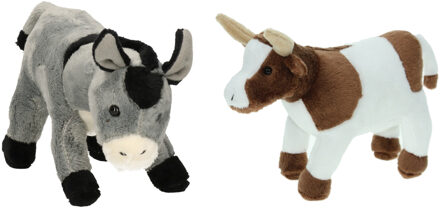 Pluche knuffel boerderijdieren set - Koe en Ezel - van 22 cm - Zachte kinder knuffels - cadeau