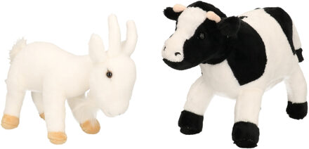 Pluche knuffel boerderijdieren set Koe en Geit van 22 cm - Knuffel boederijdieren Zwart