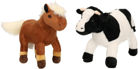 Pluche knuffel boerderijdieren set - Koe en Paard - 20 cm - Zachte kinder knuffels