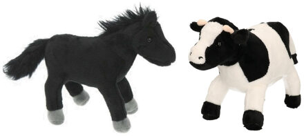 Pluche knuffel boerderijdieren set Koe en Paard van 20 cm - Knuffel boederijdieren Zwart