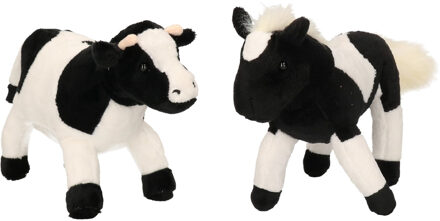 Pluche knuffel boerderijdieren set Koe en Paard van 22 cm - Knuffel boederijdieren Zwart