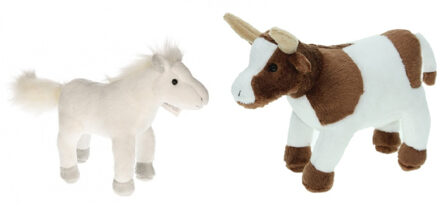 Pluche knuffel boerderijdieren set - Koe en Paard - van 22 cm - Zachte kinder knuffels - cadeau