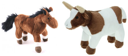 Pluche knuffel boerderijdieren set - Koe en Paard - van 22 cm - Zachte kinder knuffels - cadeau
