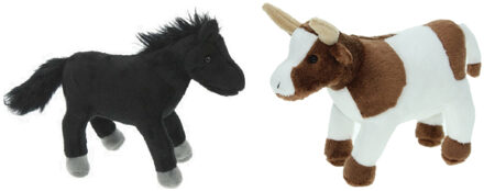 Pluche knuffel boerderijdieren set Koe en Paard van 23 cm