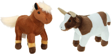 Pluche knuffel boerderijdieren set - Koe en Paardje - van 22 cm - Zachte kinder knuffels - cadeau
