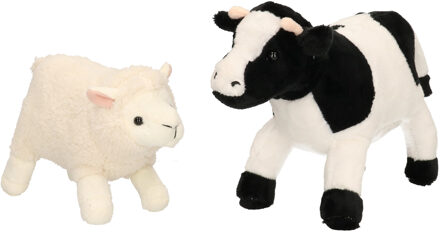 Pluche knuffel boerderijdieren set - Koe en Schaap/lammetje - van 22 cm - Zachte kinder knuffels