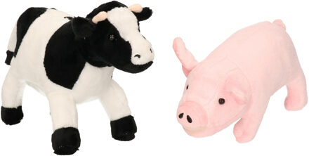 Pluche knuffel boerderijdieren set - Koe en Varken - 22 cm - Zachte kinder knuffels