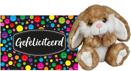 Pluche knuffel cadeau Konijn 18 cm met A5-size Gefeliciteerd wenskaart - Knuffel bosdieren Multikleur