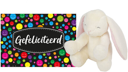 Pluche knuffel cadeau Konijn 20 cm met A5-size Gefeliciteerd wenskaart - Knuffeldier Wit