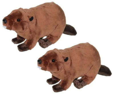 Pluche knuffel dier bever - 2x stuks - bruin - 24 cm