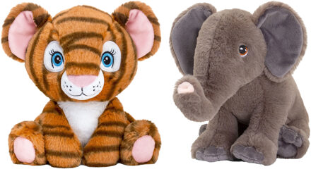 Pluche knuffel dieren vriendjes set tijger en olifant 25 cm - Knuffeldier Multikleur