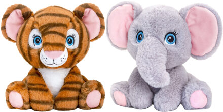 Pluche knuffel dieren vriendjes set tijger en olifant 25 cm - Knuffeldier Multikleur