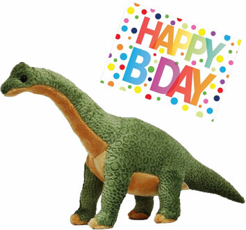 Pluche knuffel Dino Brachiosaurus van 43 cm met A5-size Happy Birthday wenskaart - Knuffeldier Multikleur