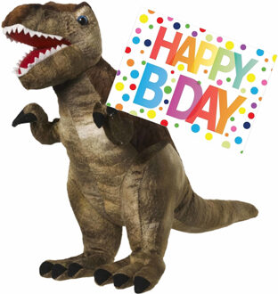 Pluche knuffel Dino T-rex van 48 cm met A5-size Happy Birthday wenskaart - Knuffeldier Multikleur