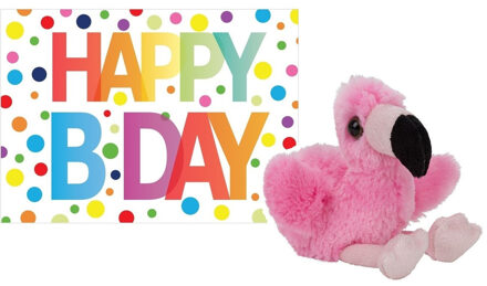 Pluche knuffel flamingo 13 cm met A5-size Happy Birthday wenskaart - Vogel knuffels Roze