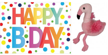 Pluche knuffel flamingo 15 cm met A5-size Happy Birthday wenskaart - Vogel knuffels Roze