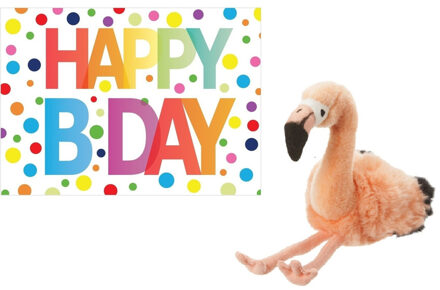 Pluche knuffel flamingo 18 cm met A5-size Happy Birthday wenskaart - Vogel knuffels Roze