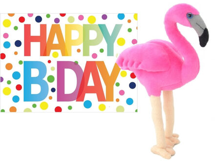 Pluche knuffel flamingo 31 cm met A5-size Happy Birthday wenskaart - Vogel knuffels Roze