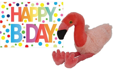 Pluche knuffel flamingo 32 cm met A5-size Happy Birthday wenskaart - Vogel knuffels Roze